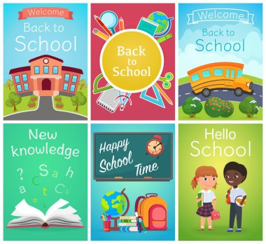 Geri okul kartı afiş şablonları vektör tasarım öğrenciler ve okul malzemeleri ile ayarlayın. Okul konu broşürü, dergiler, poster, kitap kapak tasarımı.