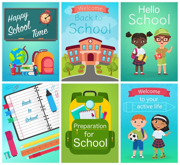 Ensemble de conception de cartes de retour à l'école, élèves, fournitures scolaires. Modèle d'éducation illustration vectorielle . — Image vectorielle
