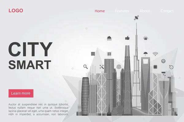 Ciudad futurista rascacielos landing page vector plantilla — Vector de stock