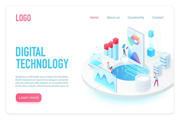 Digital and Internet technology landing page isometric vector template. App interface and web development 3d web banner concept. Software programming, optimization and testing. — Stock Vector