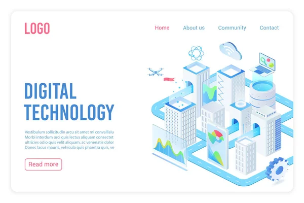 Isometrische Vektorvorlage für die Zielseite der Digitaltechnologie. Internet der Dinge, Cloud Computing Service 3D Web Banner Konzept. Smart City, Telekommunikation, Datensynchronisation Homepage. — Stockvektor