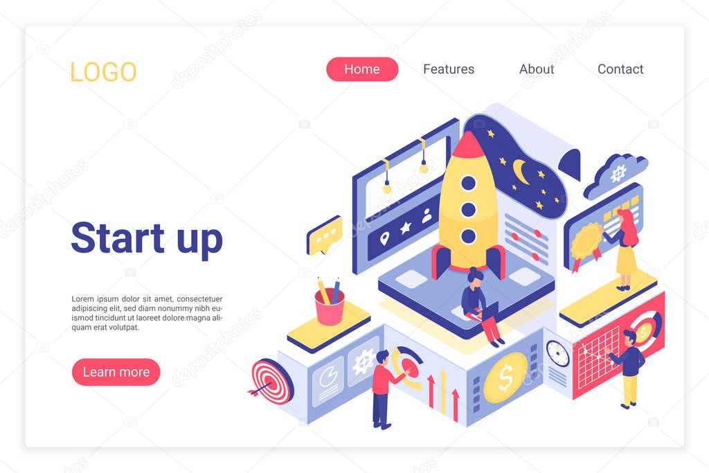Startup landing page isometric vector template. Marketing team working, new company launching, starting web banner 3d concept. Start up, business development and innovations website homepage layout.