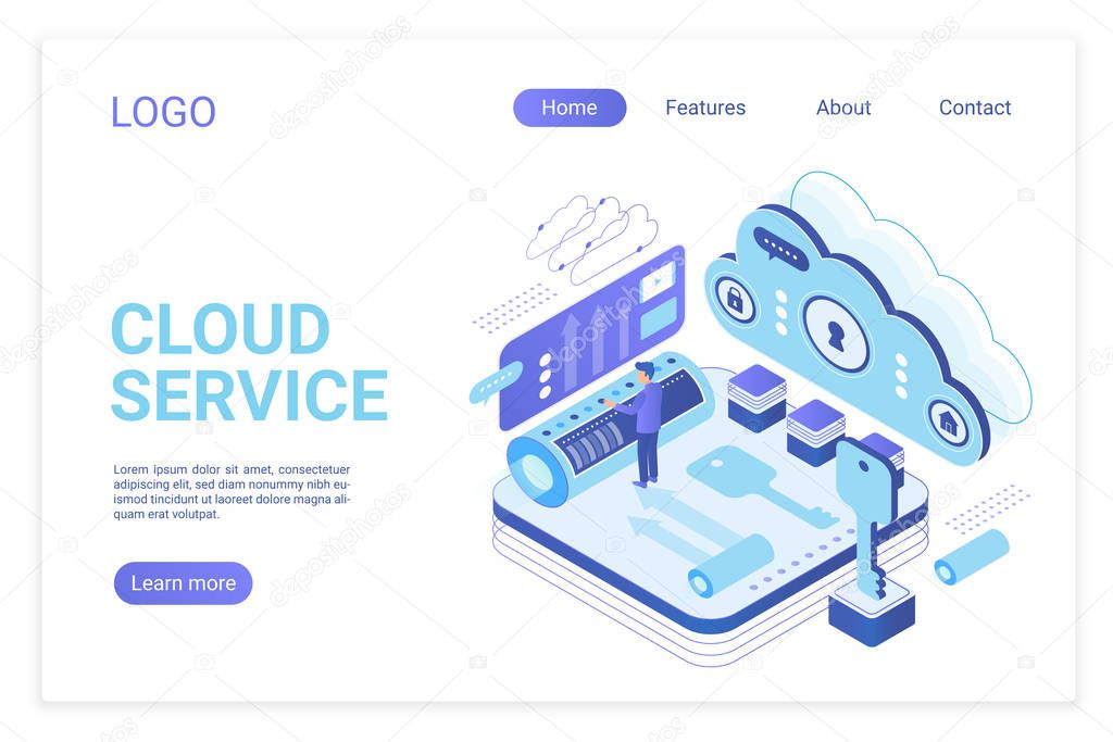 Cloud service landing page isometric vector template. Programmer synchronizing personal information. Database storage, data encryption and protection. Cloud computing website homepage layout.
