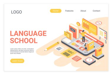 Dil okulunda yabancı dil öğrenen kişilerin vektör illüstrasyonu isometrik açılış sayfası şablonu vektör illüstrasyonu.