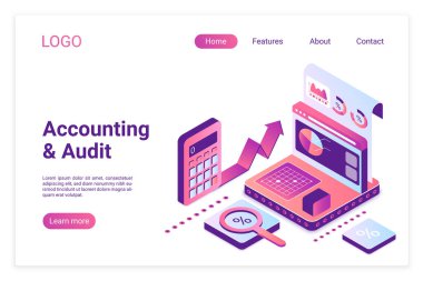 Muhasebe ve denetim isometrik açılış sayfası şablonu. 3b ekranda finansal analiz raporu. Şirket büyüme oranları pasta grafiklerde istatistikleri. Danışmanlık hizmetleri web sitesi sayfa tasarımı düzeni