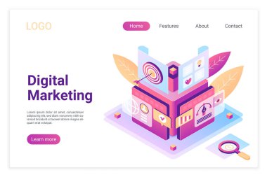 Dijital pazarlama isometrik açılış sayfası şablonu. E-ticaret strateji planlaması. Kullanıcı profili analizi, müşterileri hedefleyen metafor. Seo daha iyi performans için, web sitesi sıralama istatistikleri