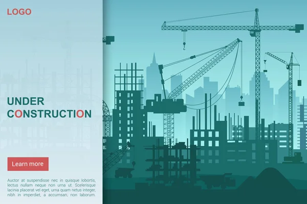 Construction works flat vector landing page template. Building cranes silhouettes on cityscape background. Urban area development. Architectural agency promotional website page design layout — Stock Vector