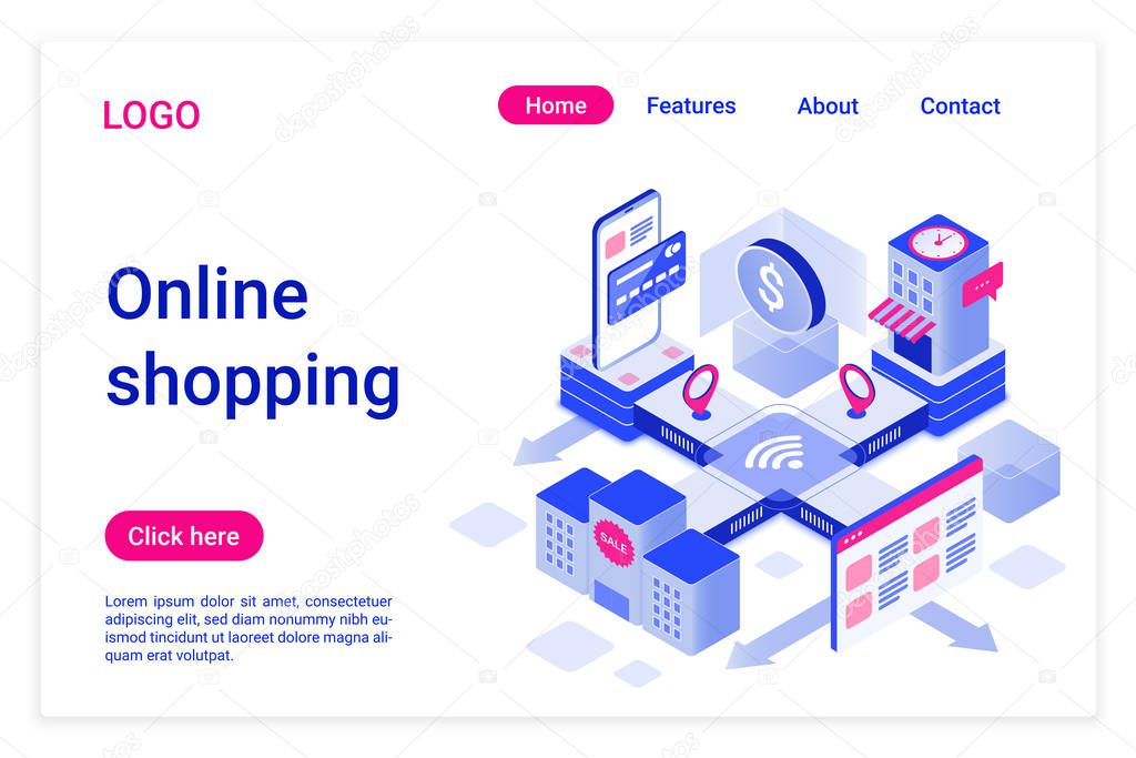 Online shopping isometric landing page template. Internet purchases promotional web banner. E-commerce, electronic trade. Online wholesale, retail sales application website design layout