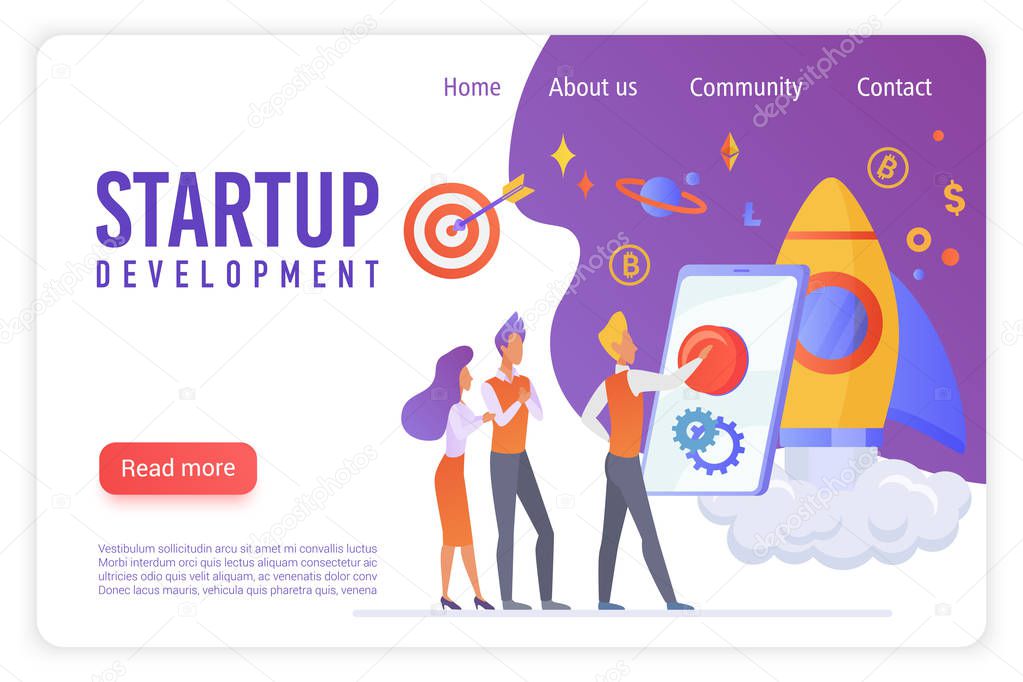 Startup development flat vector landing page template. Creative people discussing innovative project. Young businessman convincing partners to make investment. Pushing button to launch startup