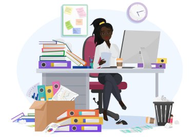 İş ivediliği yle bunalmış afrikalı amerikalı siyahi genç kadın çalışan ofiste geç saatlere kadar kalıyor. Evrak bir sürü iş yükü kadın tarafından yorgun, ek görevler vektör illüstrasyon.