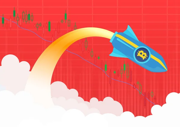 Bitcoin raket krasch flyger ner. Kryptovaluta röd sälja marknaden faller ner vektor illustration. — Stock vektor