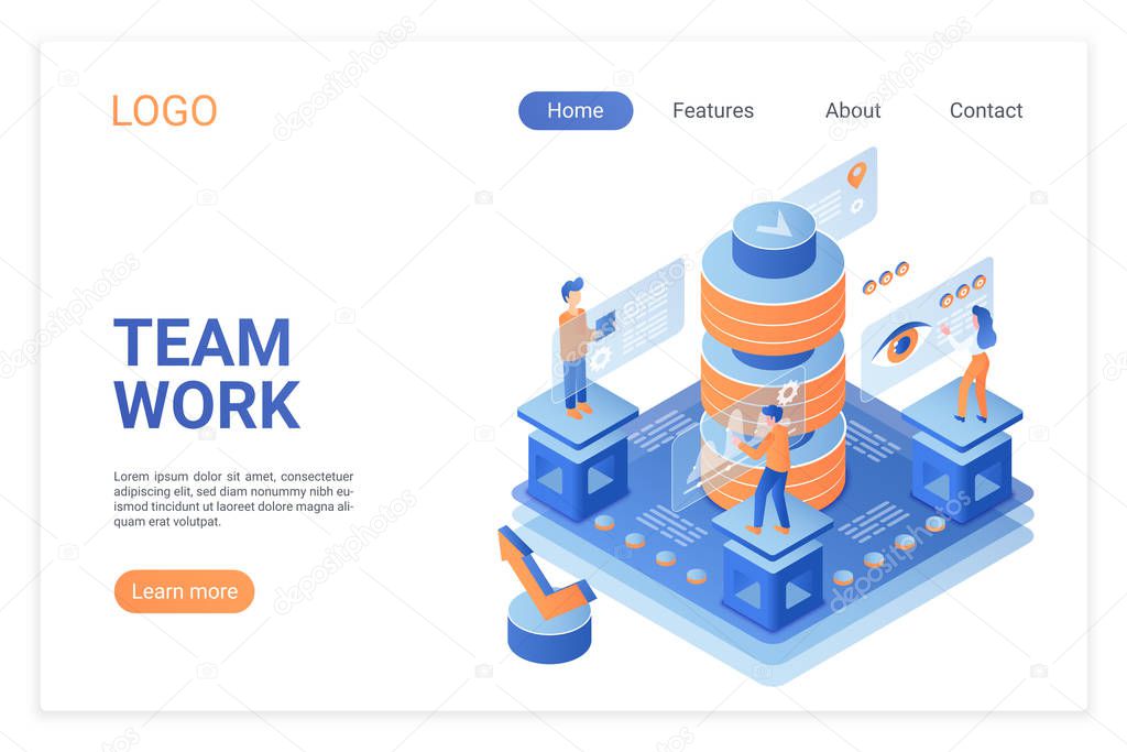 Team working landing page isometric vector template. Stock market analysis, monitoring 3d web banner concept. Marketers and analysts teamwork. Business innovation, analytics website homepage layout