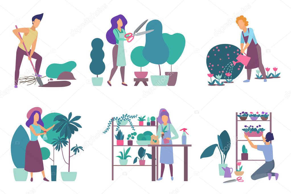 Gardening flat vector illustrations set