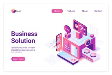 İş çözümü isometrik vektör açılış sayfası şablonu