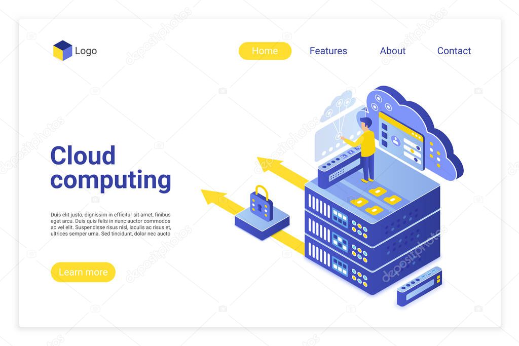 Cloud computing isometric vector landing page template