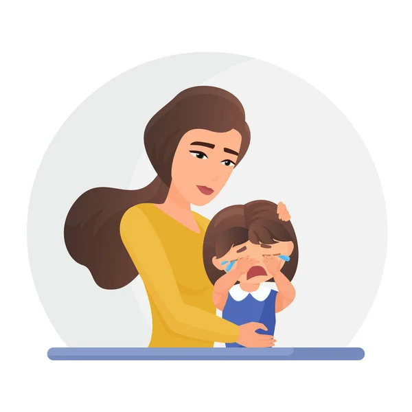 Μητέρα υποστηρίζει το κλάμα μικρή κόρη επίπεδη απεικόνιση. Ψυχική διαταραχή, έννοια της ψυχοθεραπείας. Μαμά παρηγοριά θλιβερό κορίτσι καρτούν χαρακτήρες. Γυναίκα παρηγορητική αναστατωμένος παιδί. — Διανυσματικό Αρχείο