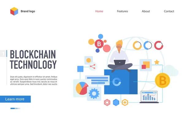 Технология Blockchain landing page flat vector template — стоковый вектор