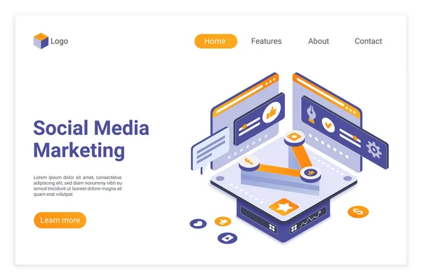 Social media marketing isométrica landing page vector plantilla — Vector de stock