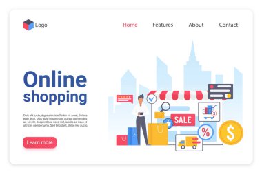 Internet alışveriş açılış sayfası düz vektör şablonu