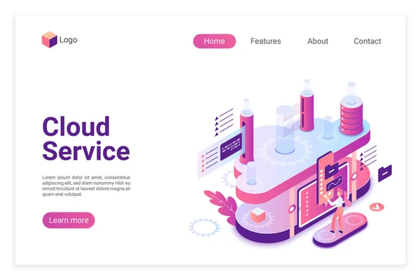 Servicio en la nube, plantilla de vector isométrico de landing page de base de datos — Vector de stock