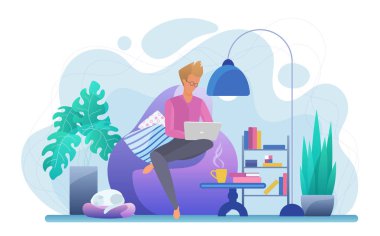 Guy working with laptop flat vector illustration