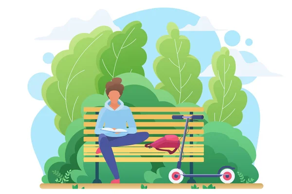 Mujer joven leyendo en parque ilustración vector plano — Vector de stock