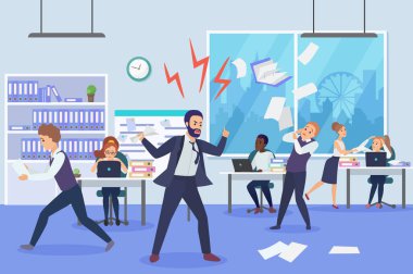Angry boss in office flat vector illustration. Frightened employees shocked by furious top manager cartoon characters. Stressful working environment concept. Missing deadlines, finding guilty workers.