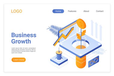İş büyümesi izometrik iniş sayfası şablonu. Şirket geliştirme stratejisi. Laboratuvar tüpünde büyüyen para ağacı, finansal istikrar metaforu. Gelir çözümlerinin artırılması web sitesi tasarımı düzeni.