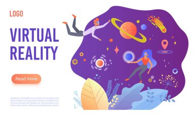 Sanal gerçeklik düz vektör iniş sayfası şablonu. VR gözlüklü çizgi film insanları uzay yolculuğunun tadını çıkarıyorlar. Gezegenleri sanal simülatör programıyla inceleyen öğrenciler. Modern yüksek teknoloji oyun deneyimi.
