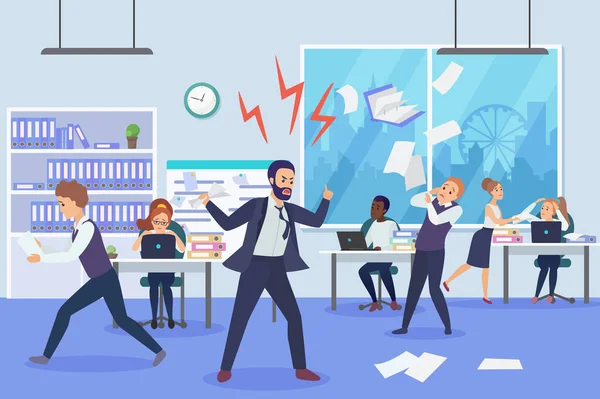 Angry boss in office flat vector illustration. Frightened employees shocked by furious top manager cartoon characters. Stressful working environment concept. Missing deadlines, finding guilty workers. — 스톡 벡터
