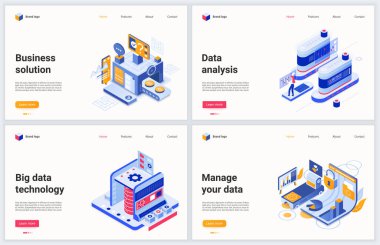 Mobil web sitesi için Isometric iş analizi ve veri yönetimi vektör ilüstrasyonu karikatür 3d dijital yönetim, finansal rapor analiz teknolojisi