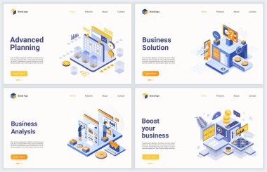Mobil web sitesi, dijital teknoloji, işleme, finansal veritabanı raporu için Isometric iş veri analizi vektör illüstrasyonu seti