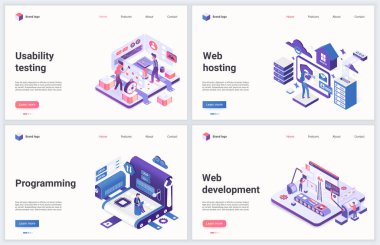 Mobil web sitesi için web geliştirme ve programlama vektör ilüstrasyonları, karikatür 3d küçük programcı geliştiricileri ile bilgisayar programı üzerinde çalışan ve test eden kişiler için ayarlandı