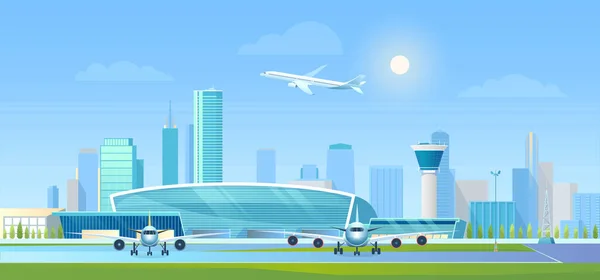 Illustrazione vettoriale dell'aeroporto della città, paesaggio urbano moderno piano del fumetto con i grattacieli di affari, costruzione del terminale dell'aeroporto e torre di controllo del traffico aereo, aeroplani sulla pista — Vettoriale Stock