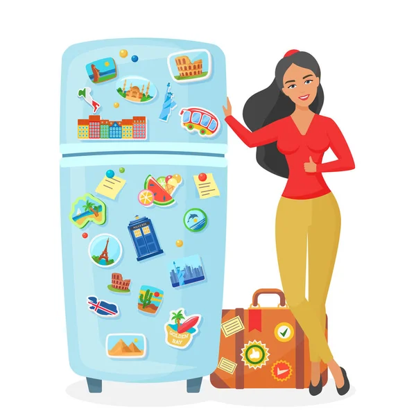 Traveler young pretty woman showing fridge with souvenir famous places magnets flat vector illustration. Travel agency concept — Stock Vector