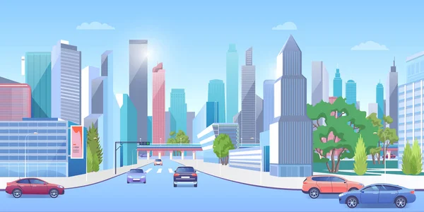 Ciudad centro de la ciudad en la ilustración vectorial de verano, dibujos animados 3d urbano soleado paisaje urbano panorámico, coches en la calle carretera, arquitectura moderna de la ciudad y árboles verdes — Vector de stock