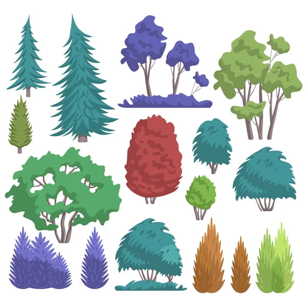 Parco albero vettoriale illustrazione, fumetto pianura natura paesaggio raccolta con foresta colorata, parco della città o alberi da giardino e arbusto per parco — Vettoriale Stock