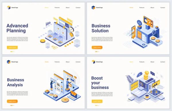 Isometric business data analysis process vector illustration set for mobile website, digital technology, processing, Analysis financial database report — 스톡 벡터