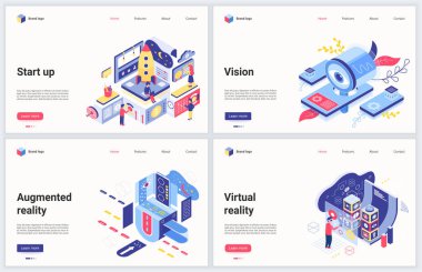 Isometric business startup technology vector illustration set, karikatür 3d business development using new idea vision, modern takım çalışması