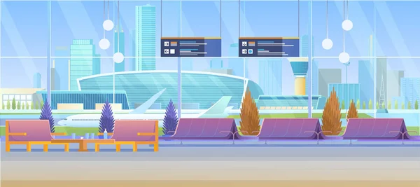 Аеропорт Лаунж Векторні ілюстрації, мультфільм квартира сучасний всередині інтер'єру вид на порожній зал очікування вильоту авіакомпанії, кімната з кріслами сидінь, злітно-посадкова смуга з літаком — стоковий вектор
