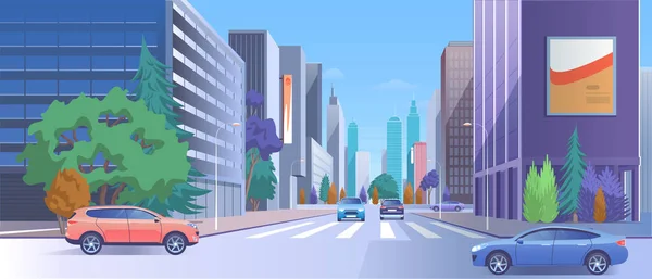 Ilustração do vetor da baixa da rua da cidade, desenho animado paisagem urbana 3d com tráfego de carro na estrada, edifícios de arranha-céus modernos de luxo com loja e outdoor — Vetor de Stock