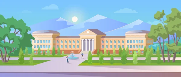 Egyetemi épület vektor illusztráció, rajzfilm 3d külső nézet középiskolai, főiskolai vagy akadémiai egyetemi campus külső és gyalogos diák — Stock Vector
