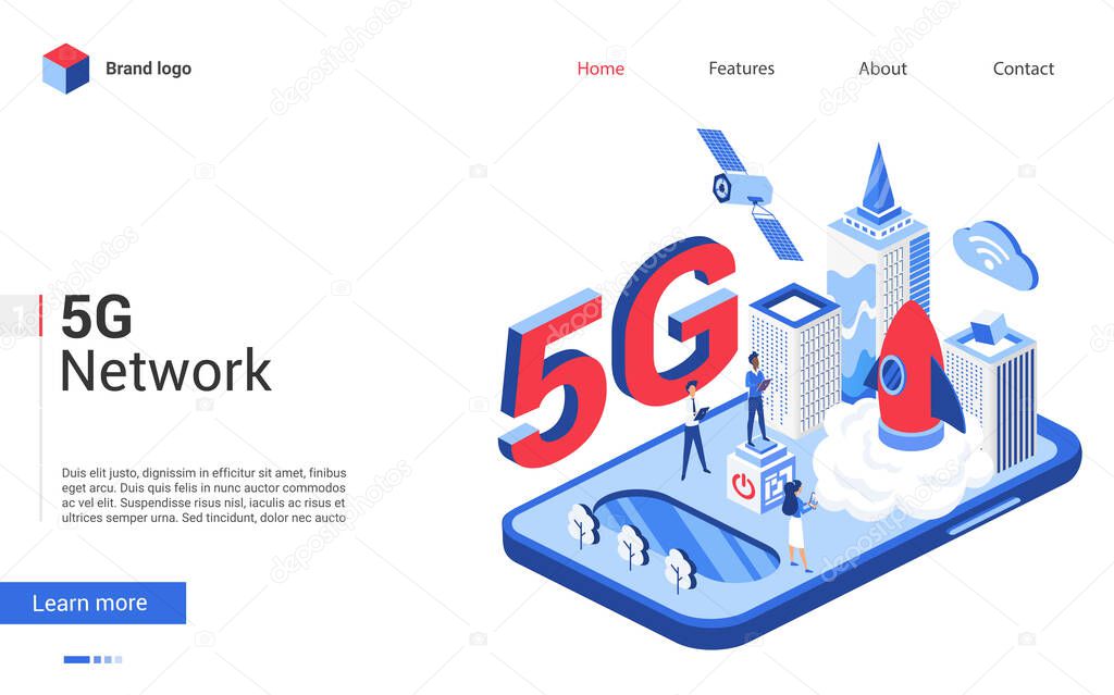 Isometric 5G telecom network technology vector illustration, cartoon 3d tech global network of high speed innovation telecommunication in smart city