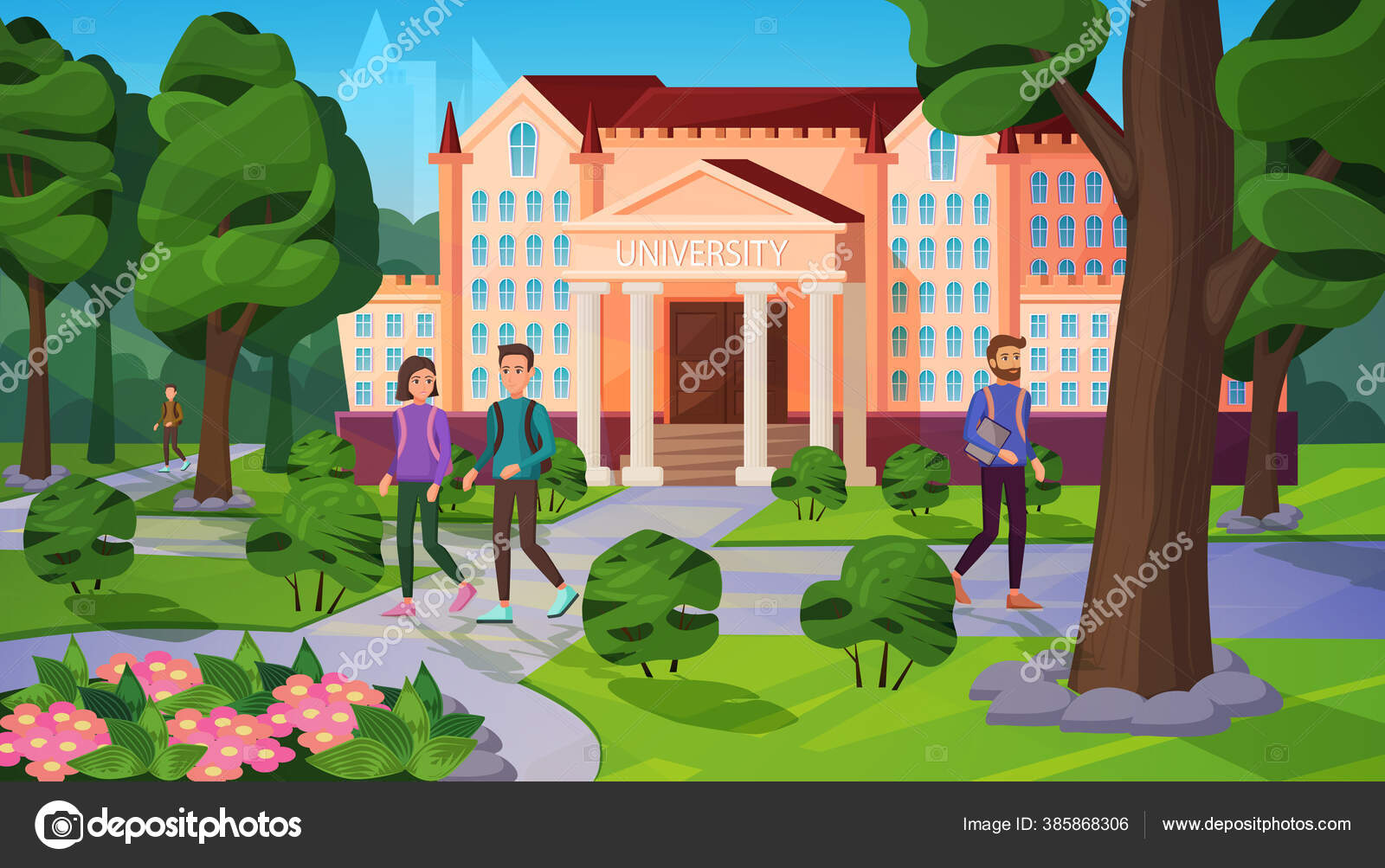 University landscape with people vector illustration, cartoon flat academic  student characters walking on road in green park or garden near university  campus building Stock Vector Image by ©Lembergvector #385868306