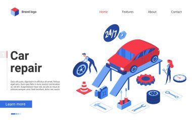 Isometric araba onarım servisi vektör illüstrasyonu, karikatür yaratıcı afiş tasarımı Otomobil garajında çalışan üç boyutlu insanların olduğu web sitesi için