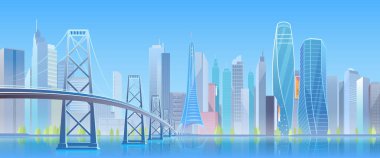 Şehir köprüsü vektör çizimi, çizgi film düz modern şehir mavi fütüristik gökyüzü, şehir merkezinde gökdelenleri olan şehir manzarası, su üzerinde otoban köprüsü