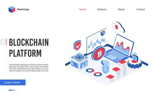 Isometric blockchain platform technology vector illustration, modern concepts banner, website design with cartoon 3d tech block chain symols — 스톡 벡터
