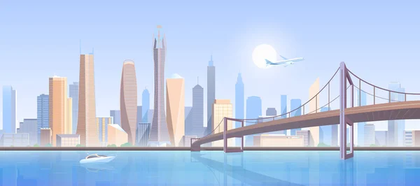Ilustração do vetor da paisagem da ponte da cidade, conceito futurista moderno dos desenhos animados da metrópole, cityscape da baixa com arranha-céus altos da construção dos edifícios — Vetor de Stock