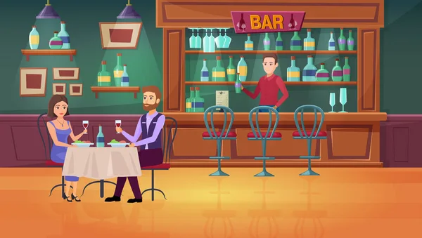 Paar mensen in bar vector illustratie, cartoon platte man personages vergadering, dating wijn in restaurant interieur achtergrond — Stockvector