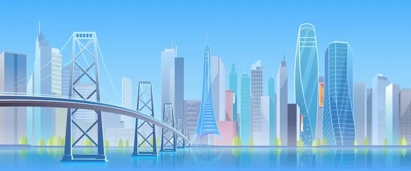 Ilustración del vector del puente de la ciudad, horizonte futurista azul urbano moderno plano de dibujos animados, paisaje urbano con rascacielos de torre en el centro, puente de carretera sobre el agua — Vector de stock